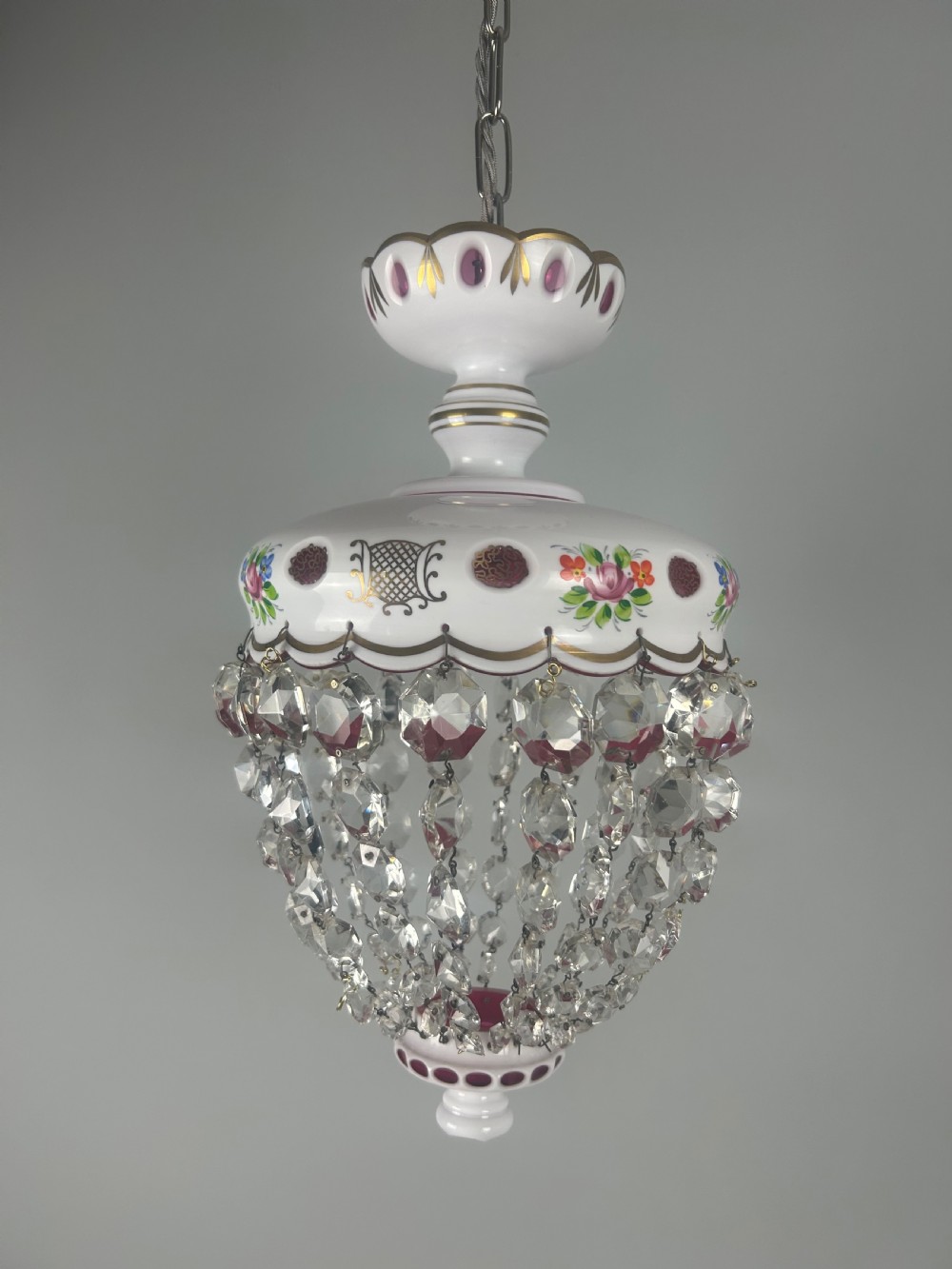 Bohemian Cranberry & Crystal Lustre Ceiling Light, Rewired View VIII