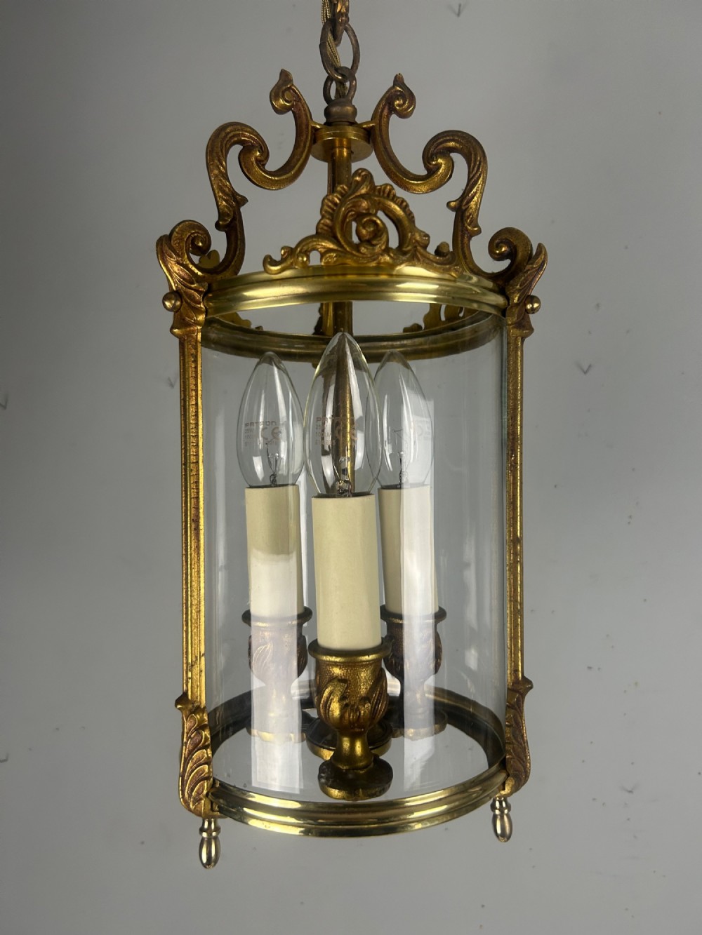 French Gilded Bronze Triple Light Hall Lantern, Rewired