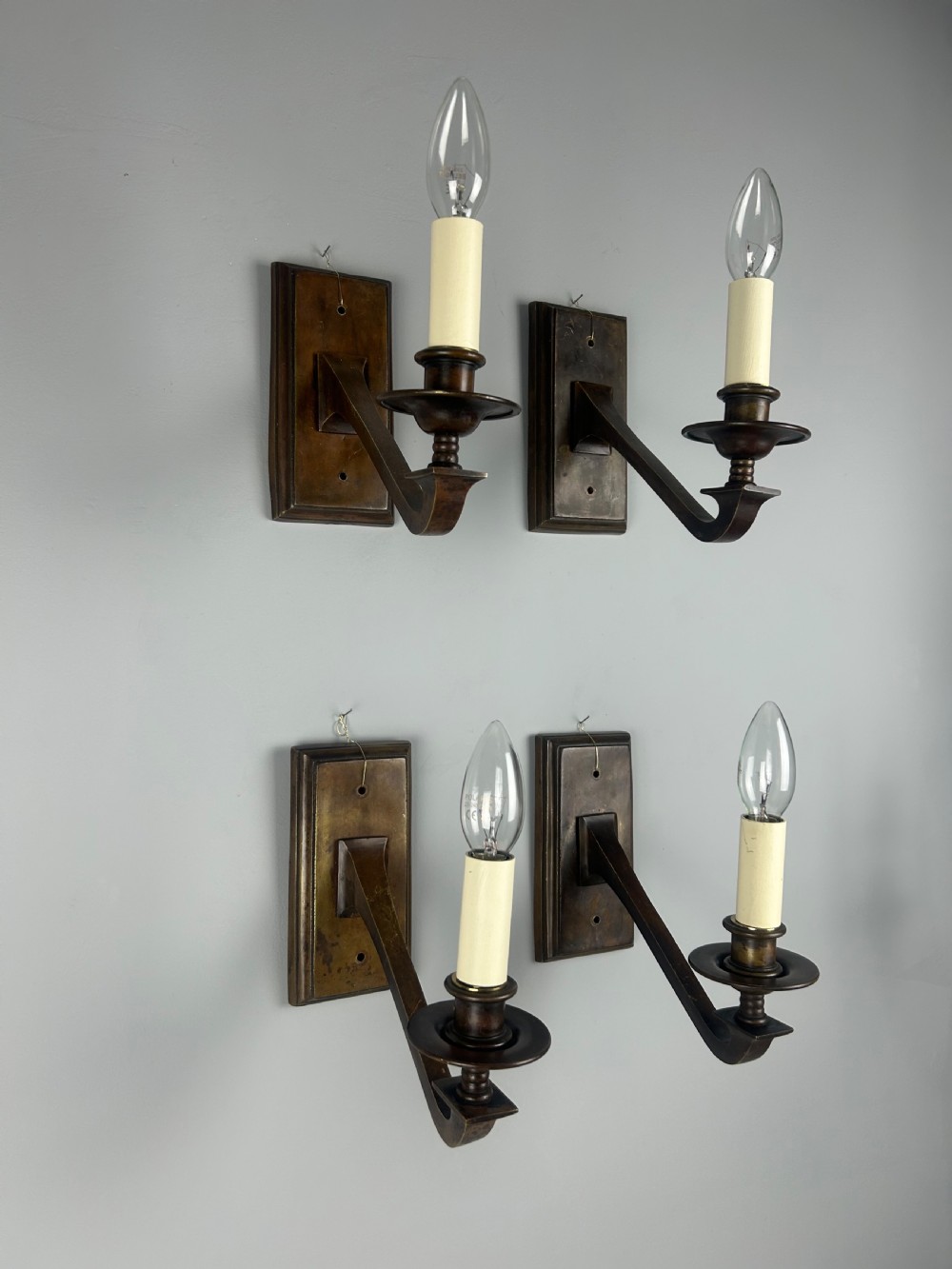 Set of 4 English Bronzed Brass Single Arm Library Wall Lights, Rewired 