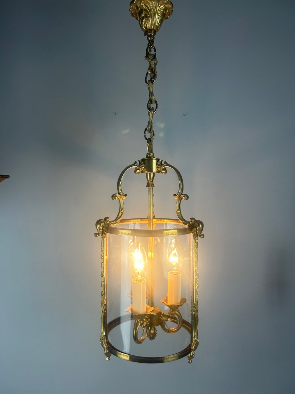 French Gilded Triple Light Convex Hall Lantern View III