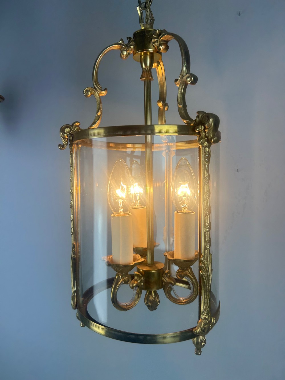 French Gilded Triple Light Convex Hall Lantern View IV