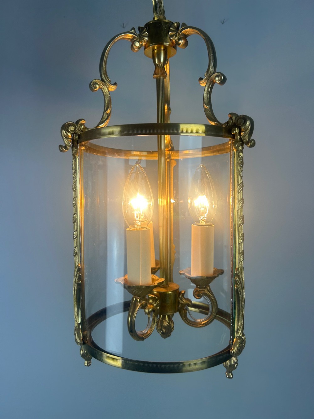 French Gilded Triple Light Convex Hall Lantern View V