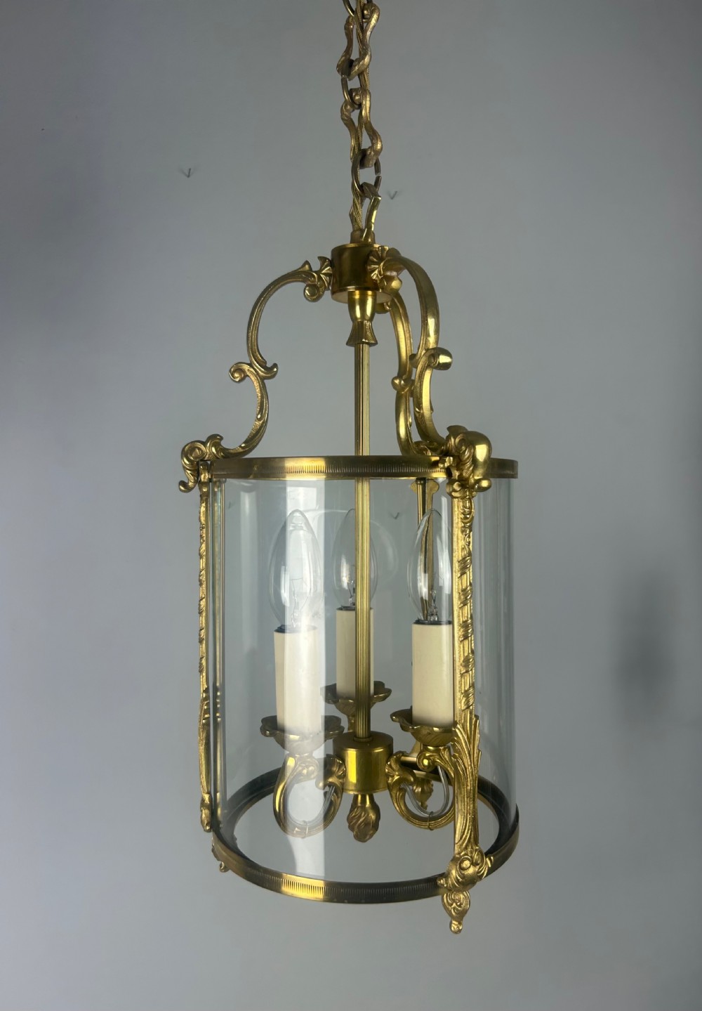 French Gilded Triple Light Convex Hall Lantern View VIII