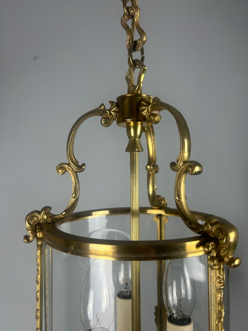 French Gilded Triple Light Convex Hall Lantern View IX