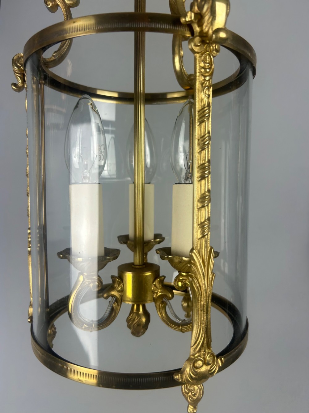 French Gilded Triple Light Convex Hall Lantern View X