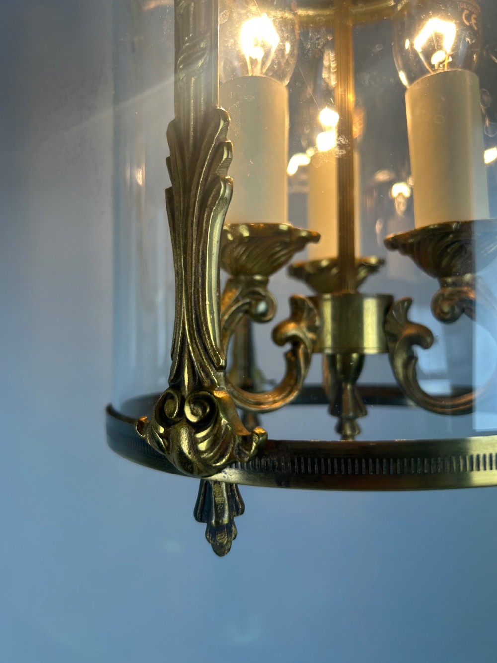 French Gilded Triple Light Convex Hall Lantern View II
