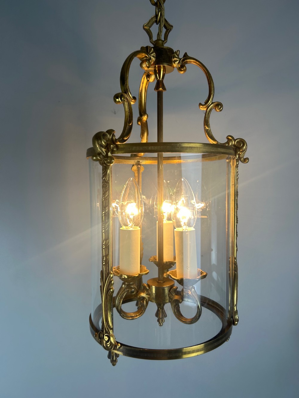French Gilded Triple Light Convex Hall Lantern View V