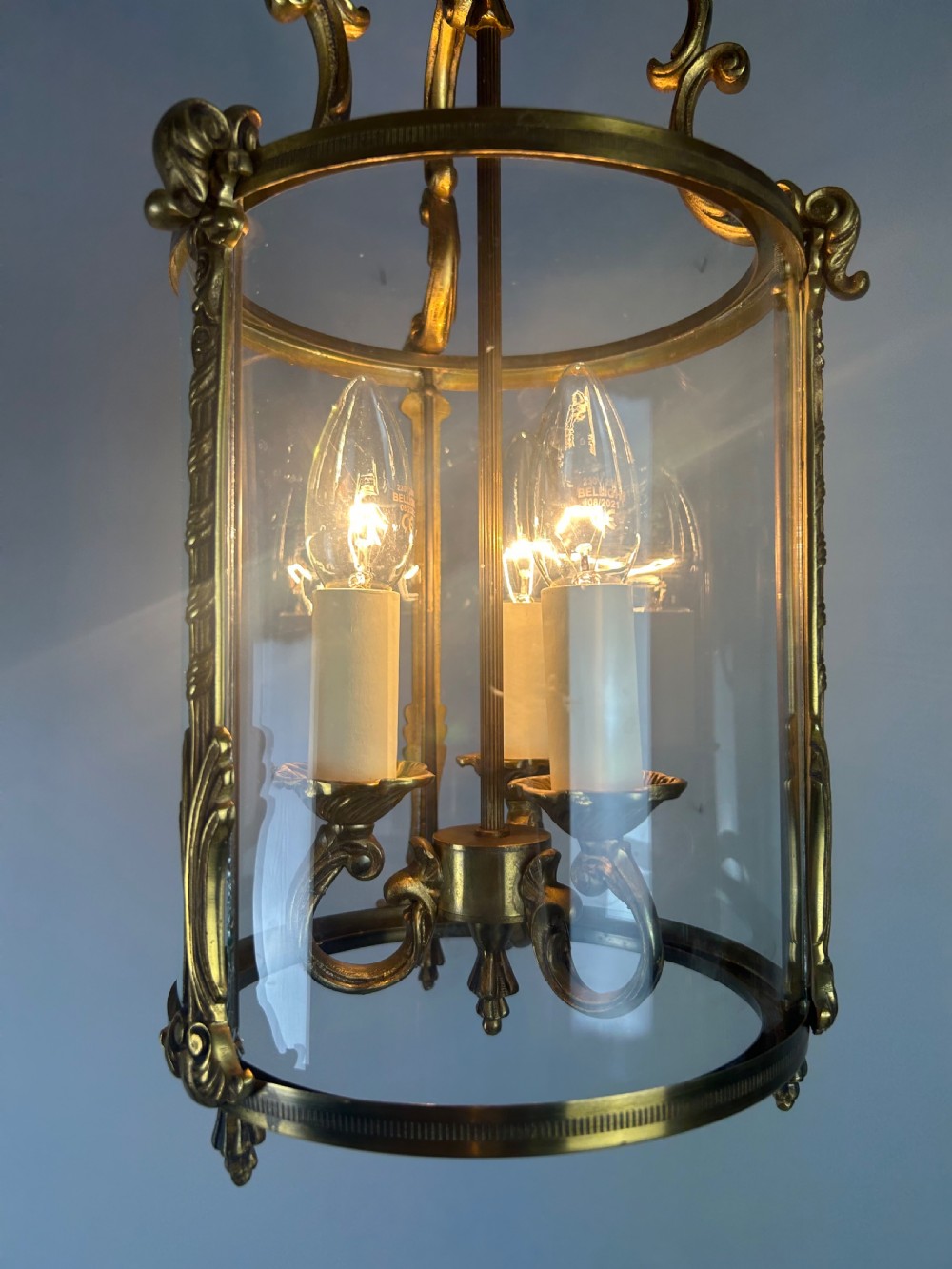 French Gilded Triple Light Convex Hall Lantern View VI