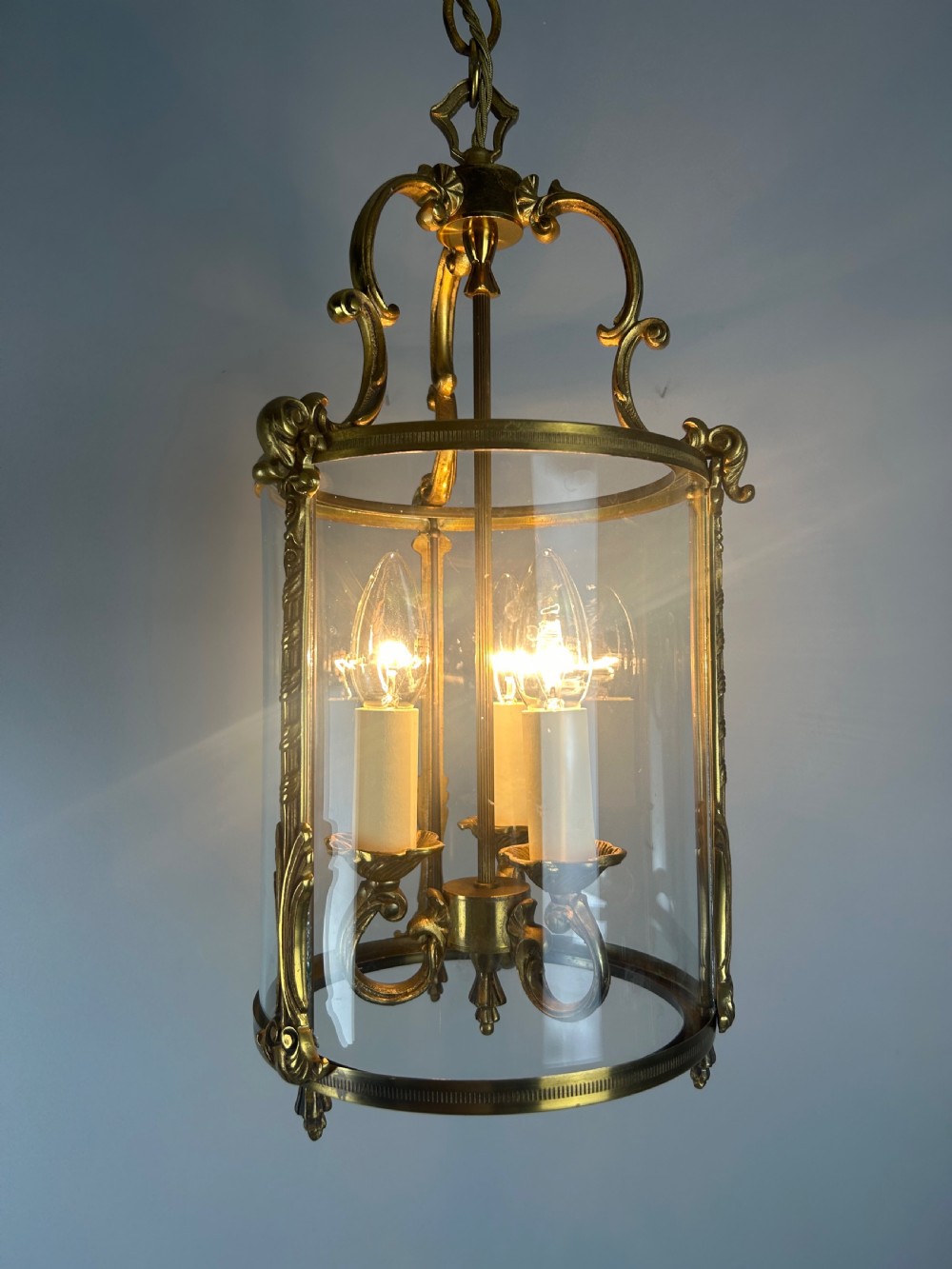 French Gilded Triple Light Convex Hall Lantern View VII
