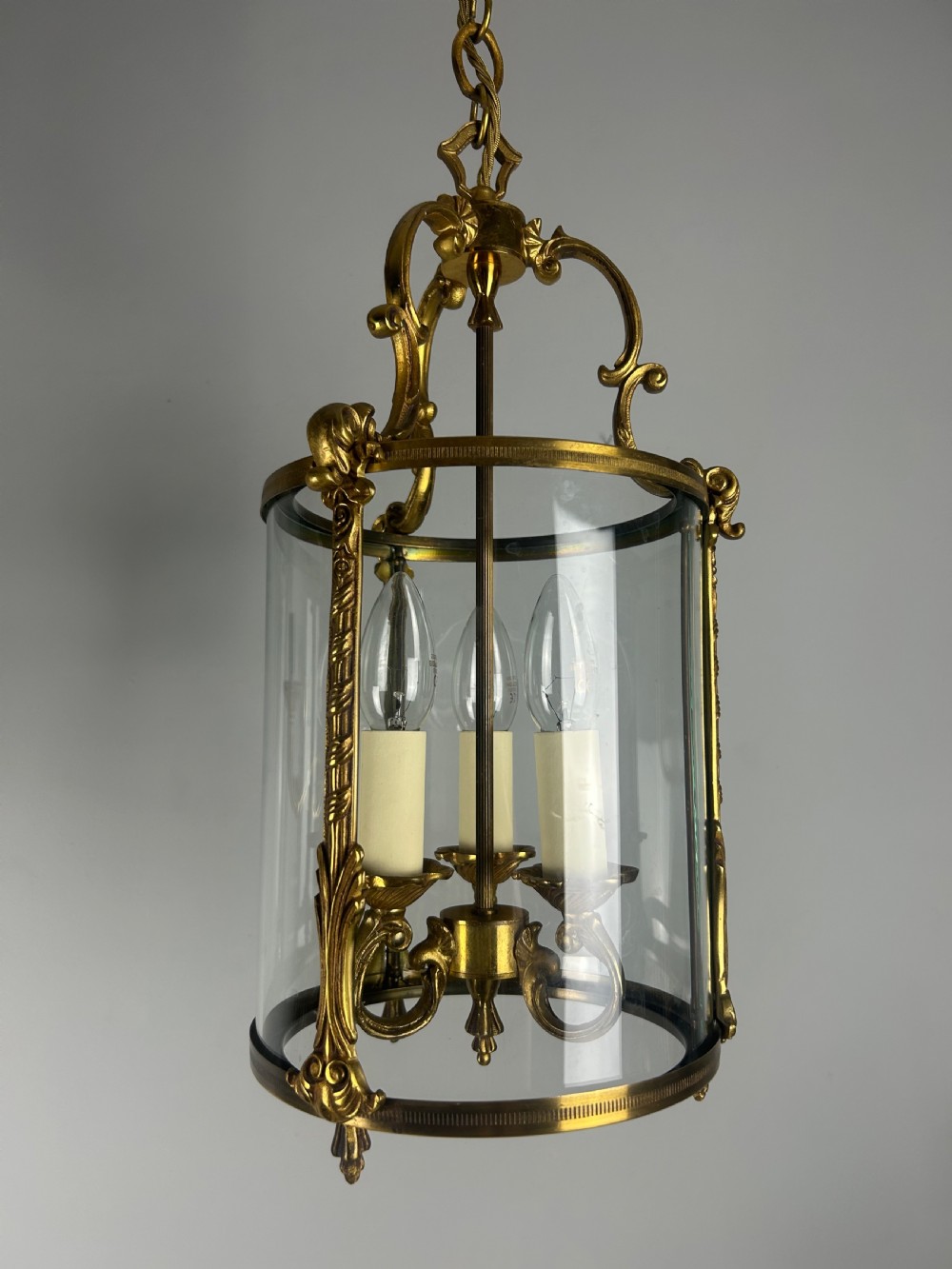 French Gilded Triple Light Convex Hall Lantern View VIII