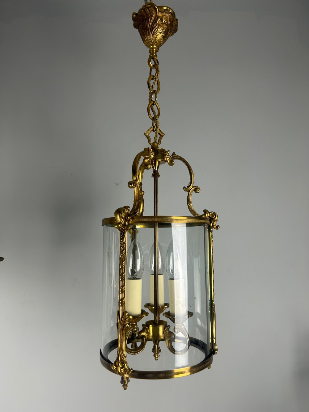 French Gilded Triple Light Convex Hall Lantern View IX