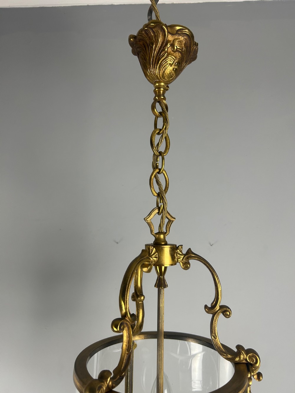 French Gilded Triple Light Convex Hall Lantern View X