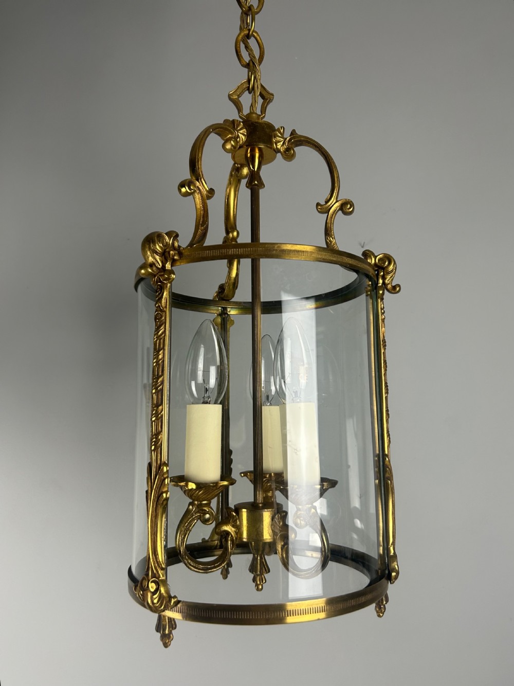 French Gilded Triple Light Convex Hall Lantern View XIII