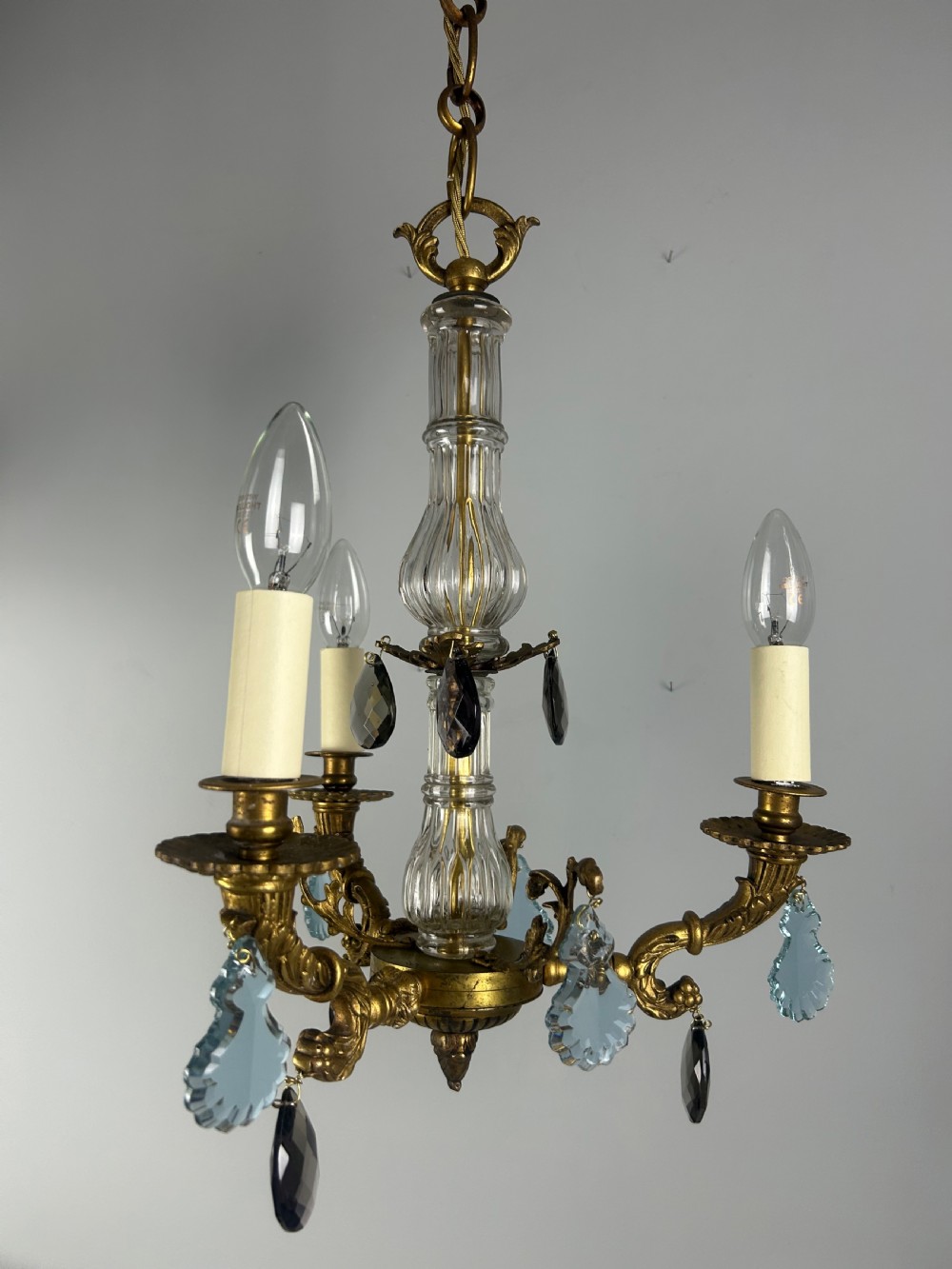 French 3 Arm Gilt Brass Crystal Chandelier 