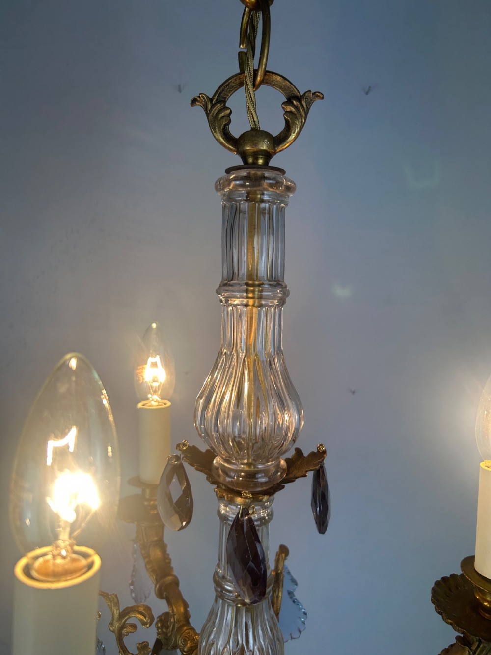 French 3 Arm Gilt Brass Crystal Chandelier  View II