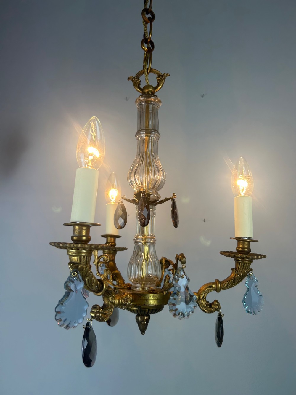 French 3 Arm Gilt Brass Crystal Chandelier  View III