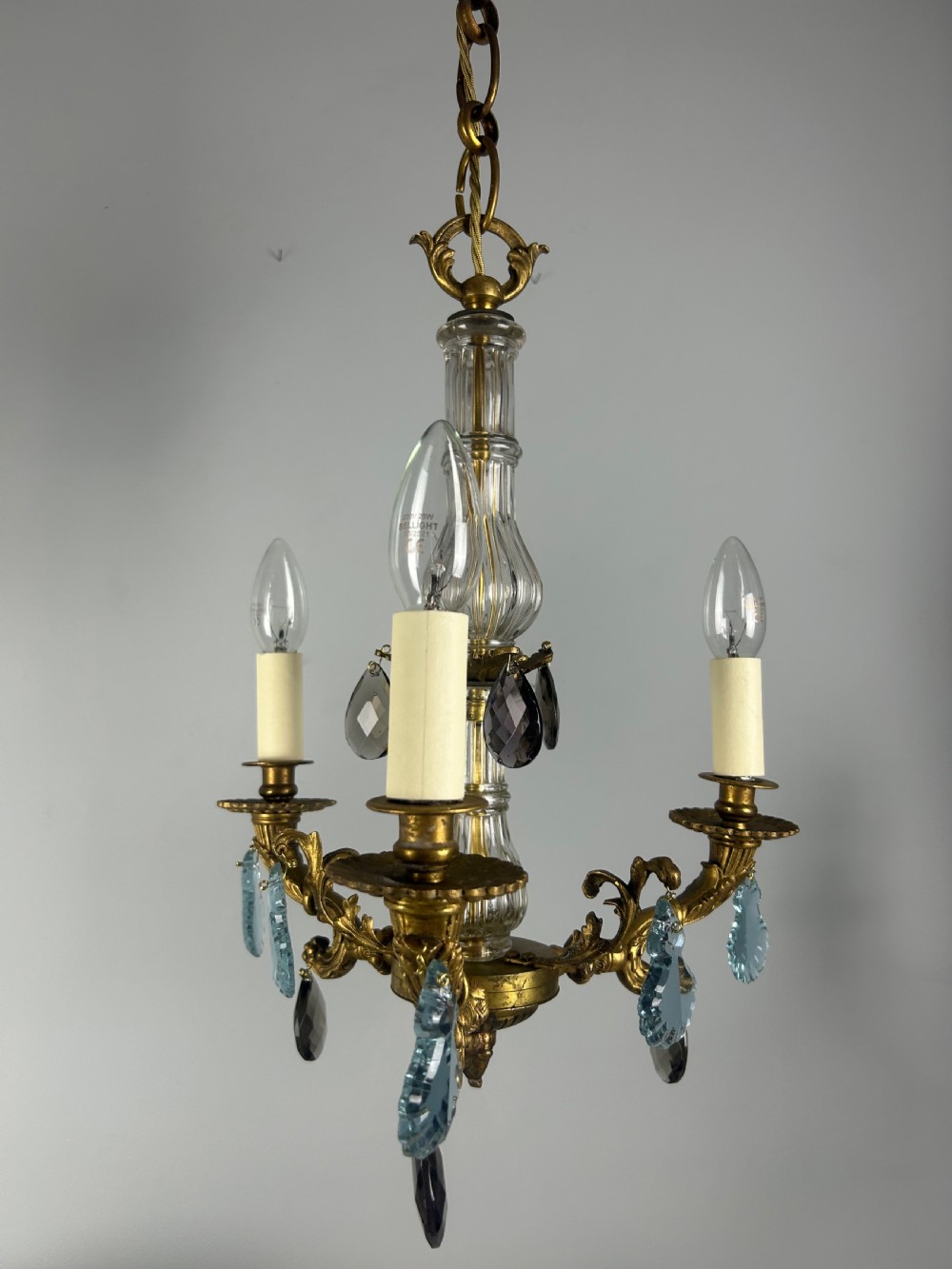 French 3 Arm Gilt Brass Crystal Chandelier  View IV