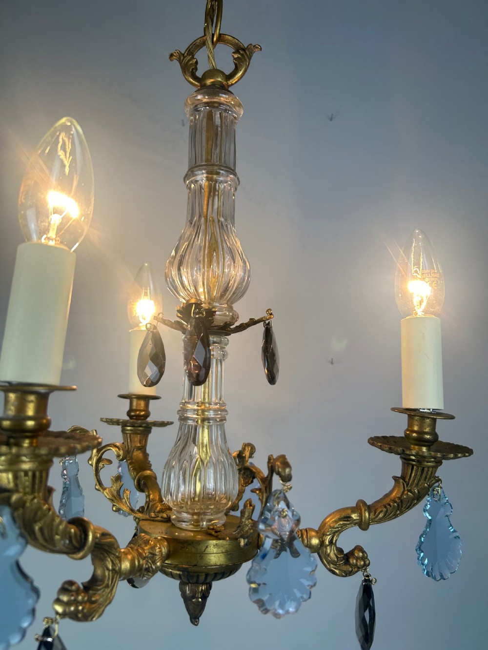 French 3 Arm Gilt Brass Crystal Chandelier  View V