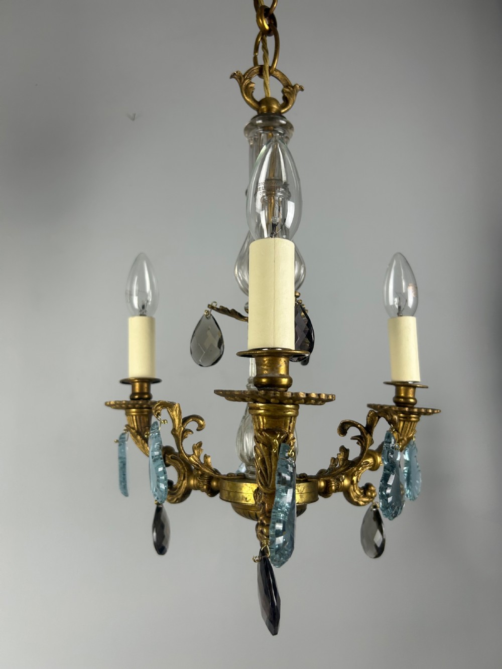 French 3 Arm Gilt Brass Crystal Chandelier  View VI