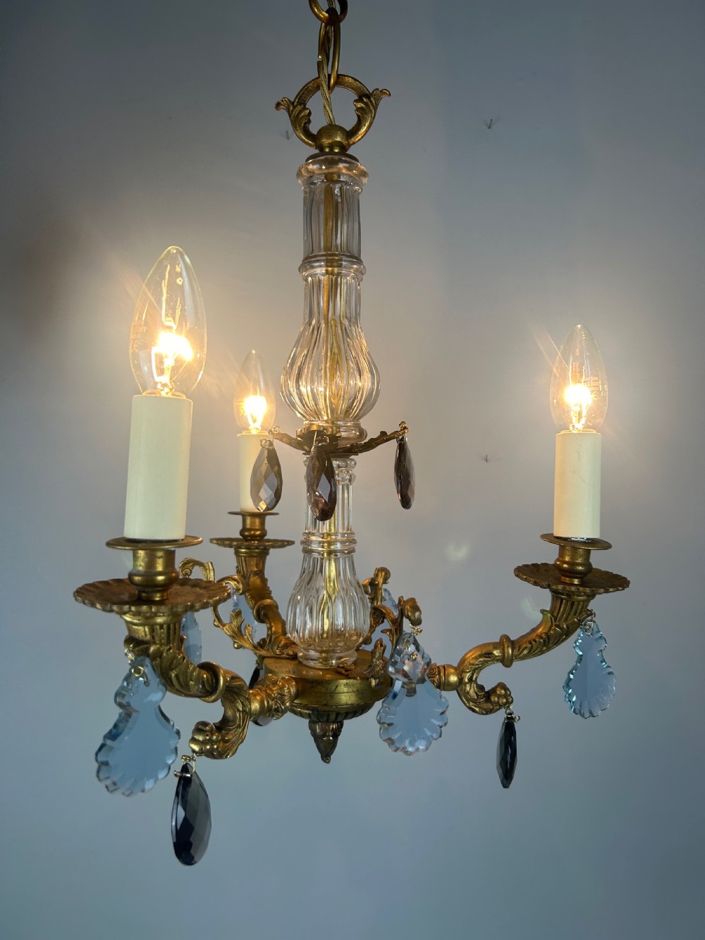 French 3 Arm Gilt Brass Crystal Chandelier  View VII