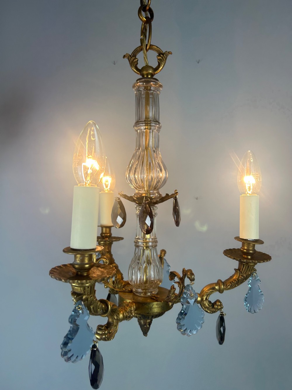 French 3 Arm Gilt Brass Crystal Chandelier  View VIII