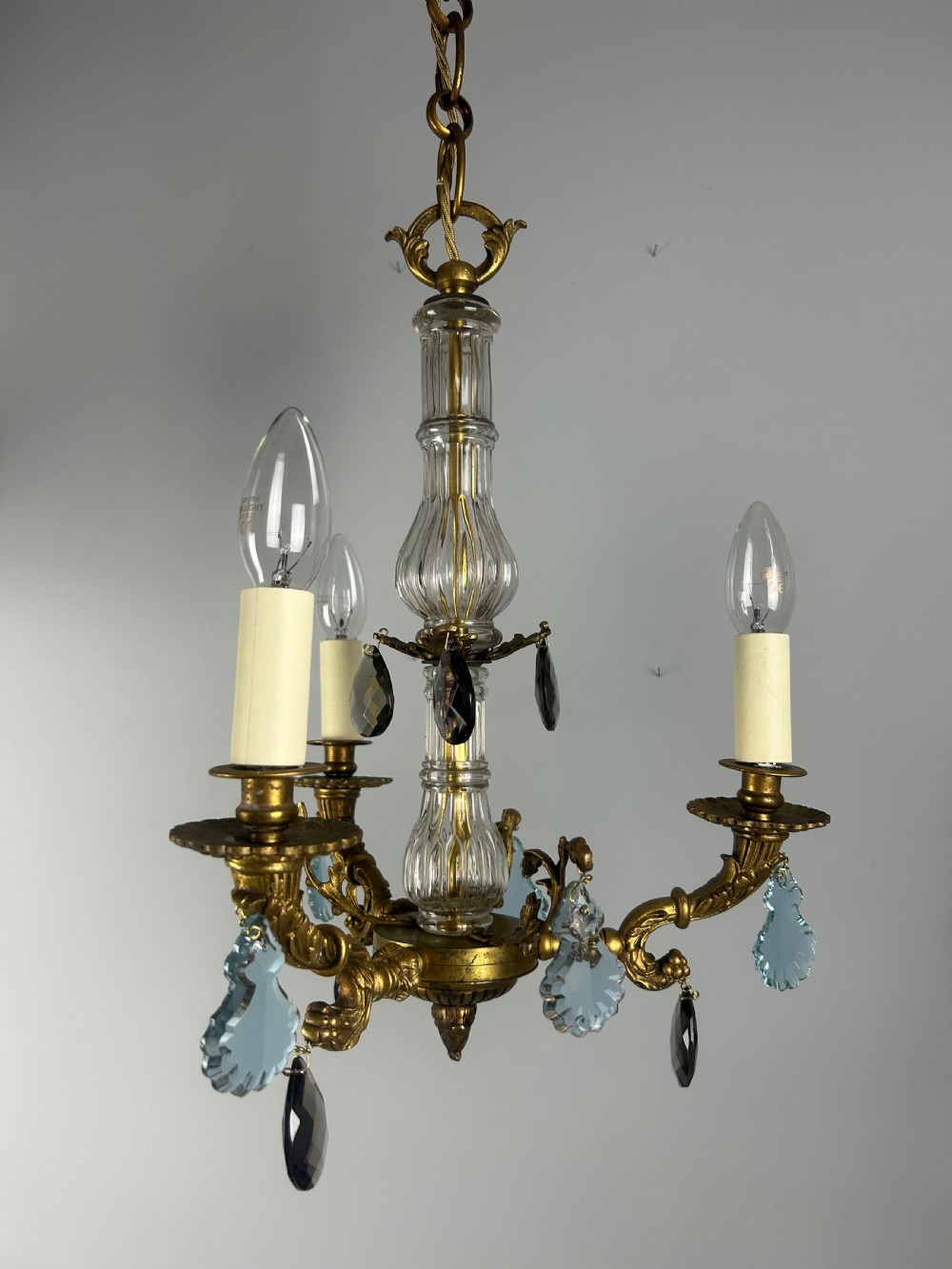 French 3 Arm Gilt Brass Crystal Chandelier  View IX