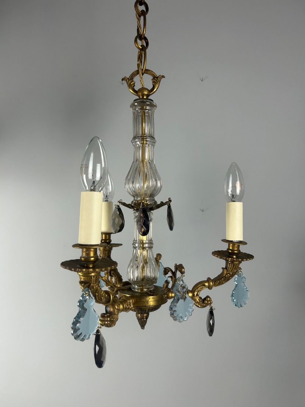 French 3 Arm Gilt Brass Crystal Chandelier  View XIII