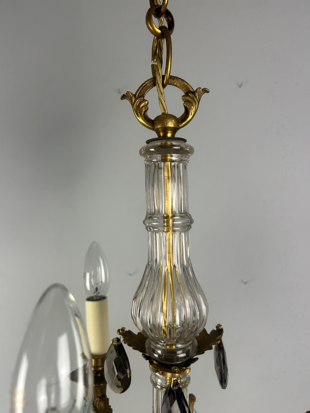French 3 Arm Gilt Brass Crystal Chandelier  View XIV