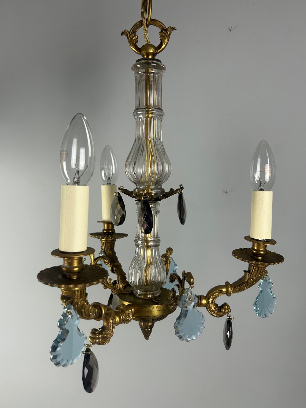 French 3 Arm Gilt Brass Crystal Chandelier  View XVI