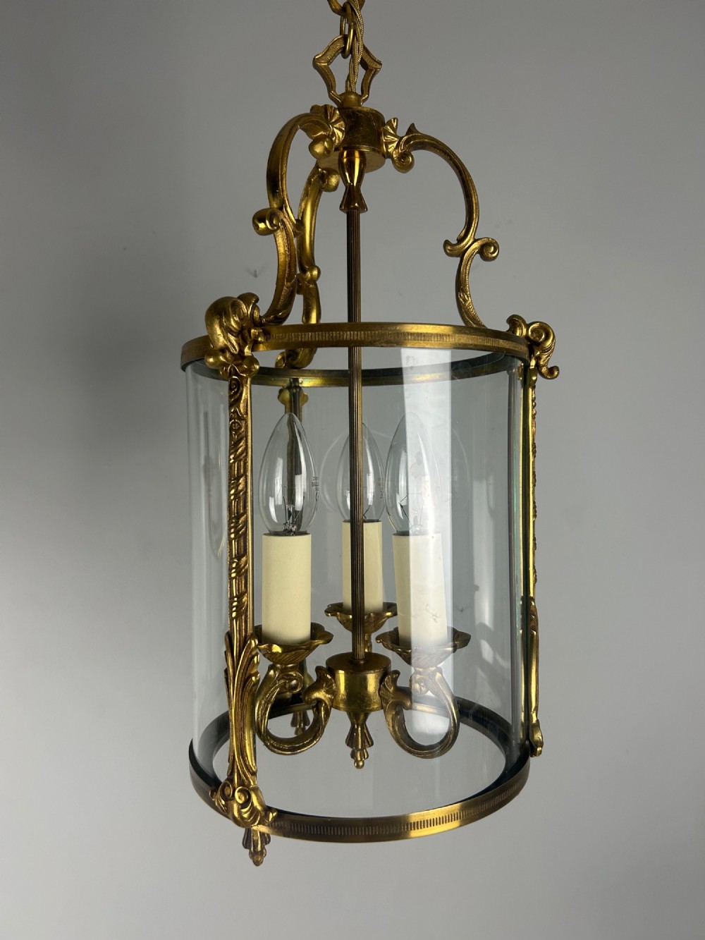 French Gilded Triple Light Convex Hall Lantern