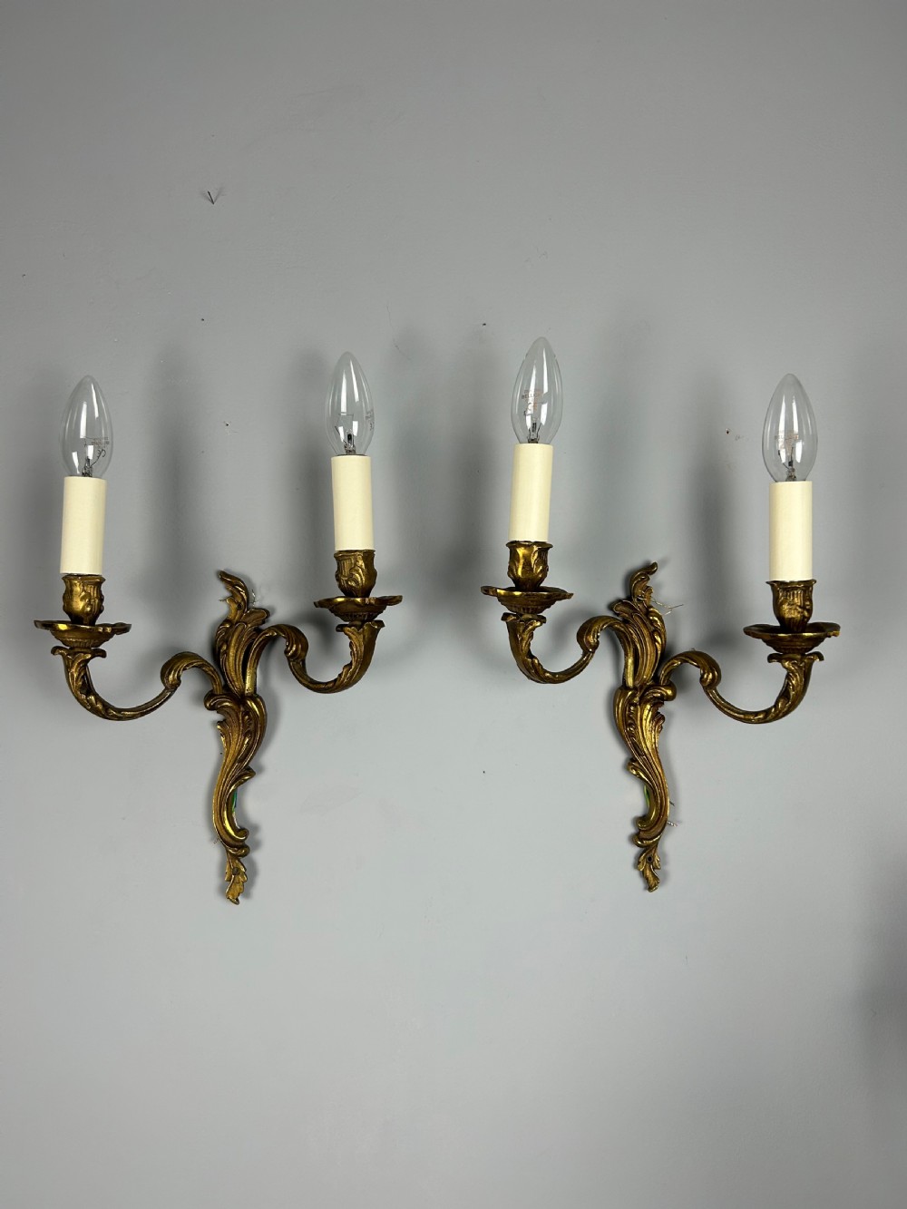 French Pair Of Gilded Antique Wall Lights, Rewired View VI