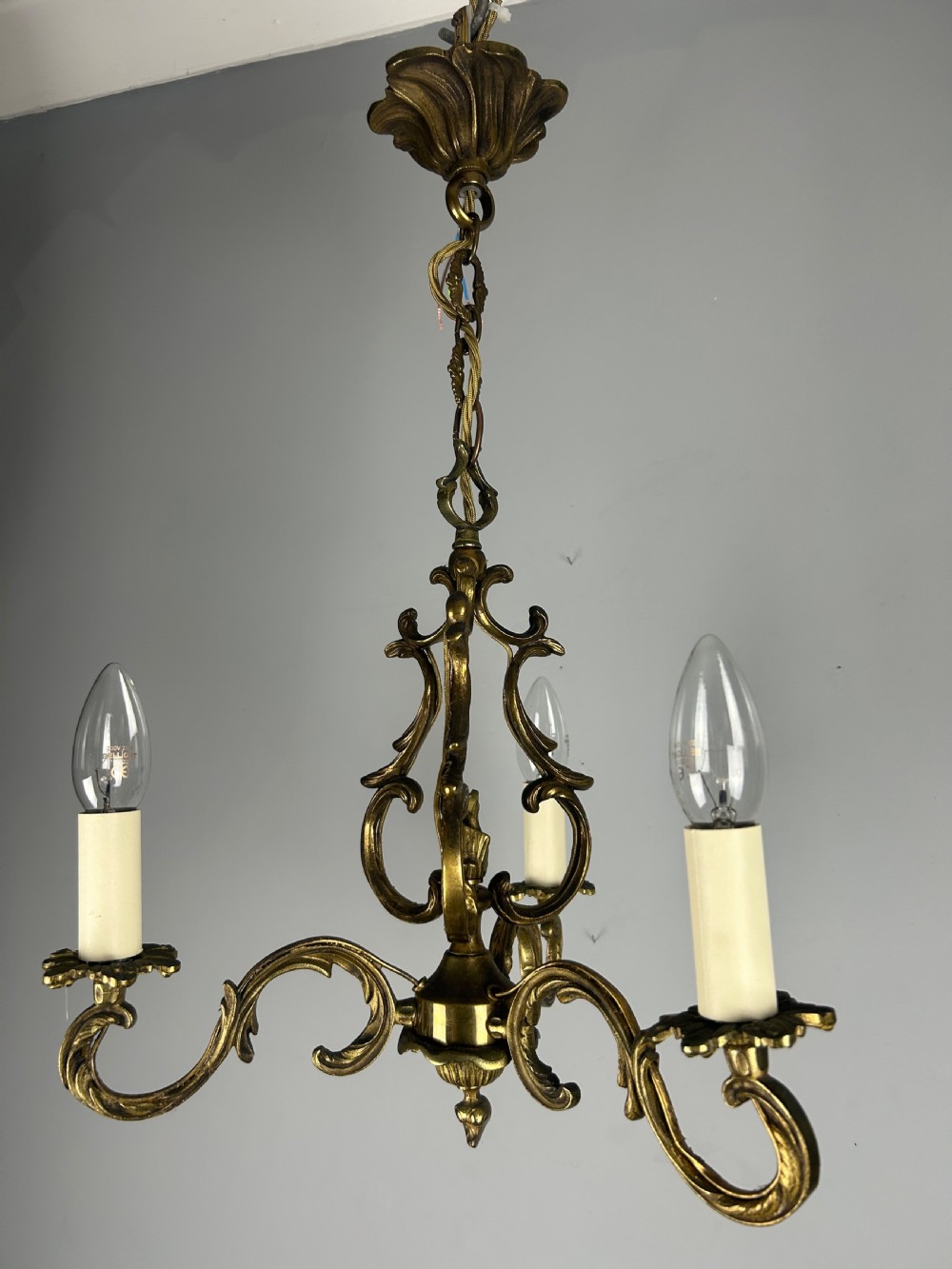 French Triple Arm Gilt Brass Chandelier, Ceiling Light, Rewired  View XI