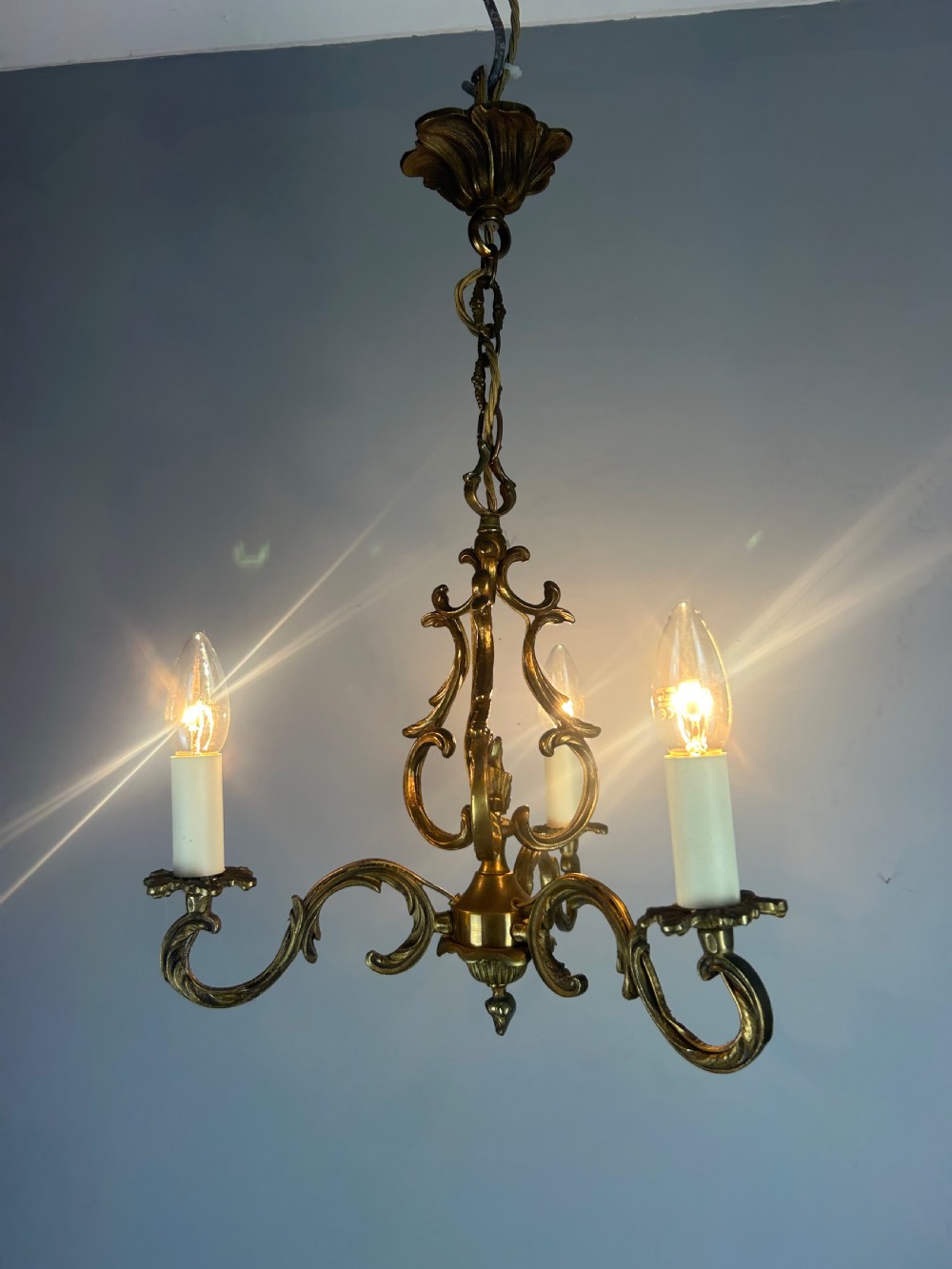 French Triple Arm Gilt Brass Chandelier, Ceiling Light, Rewired  View II