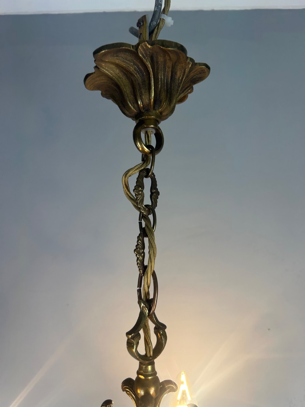 French Triple Arm Gilt Brass Chandelier, Ceiling Light, Rewired  View III