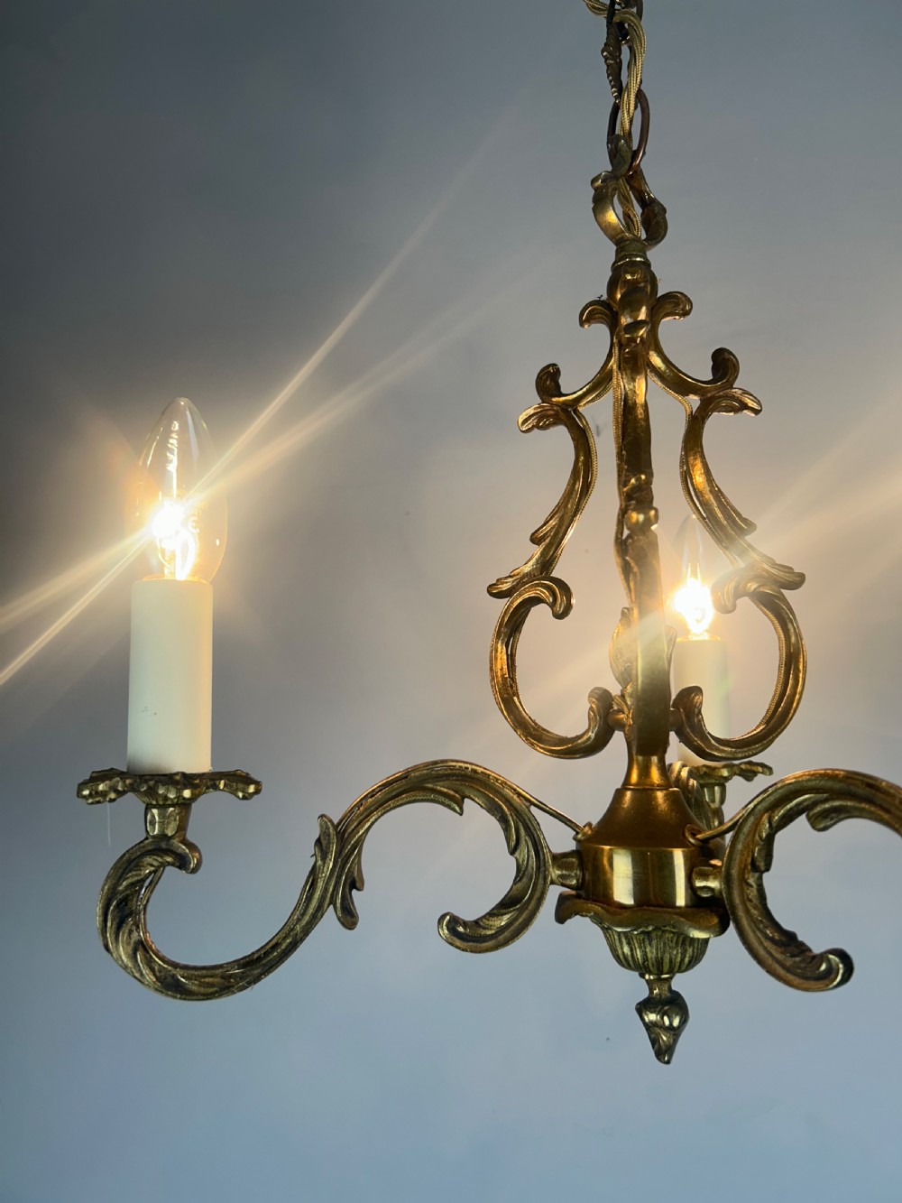French Triple Arm Gilt Brass Chandelier, Ceiling Light, Rewired  View IV