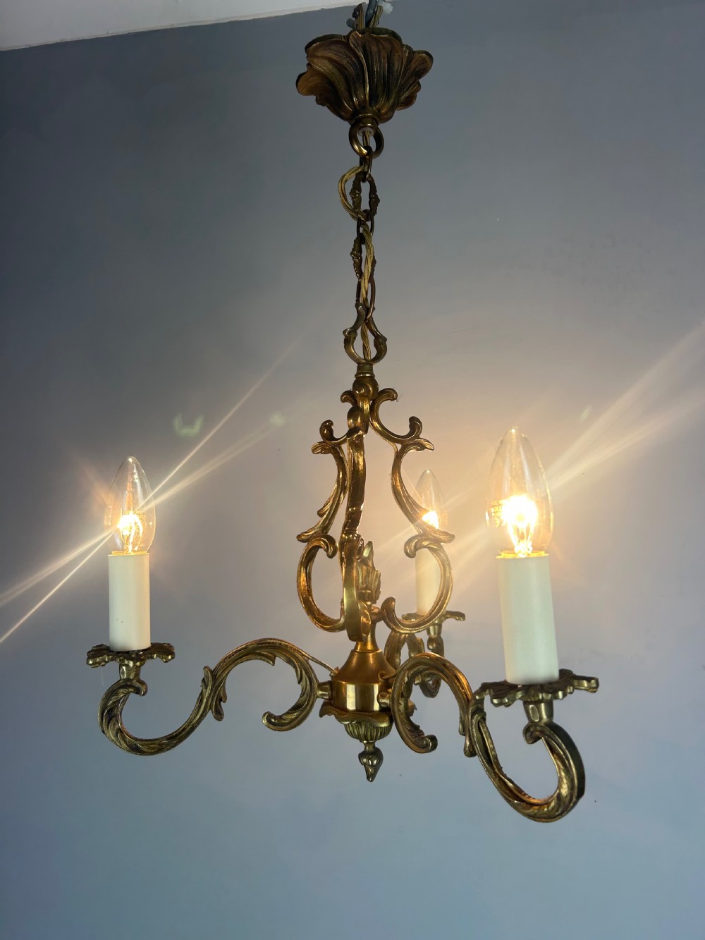 French Triple Arm Gilt Brass Chandelier, Ceiling Light, Rewired  View V