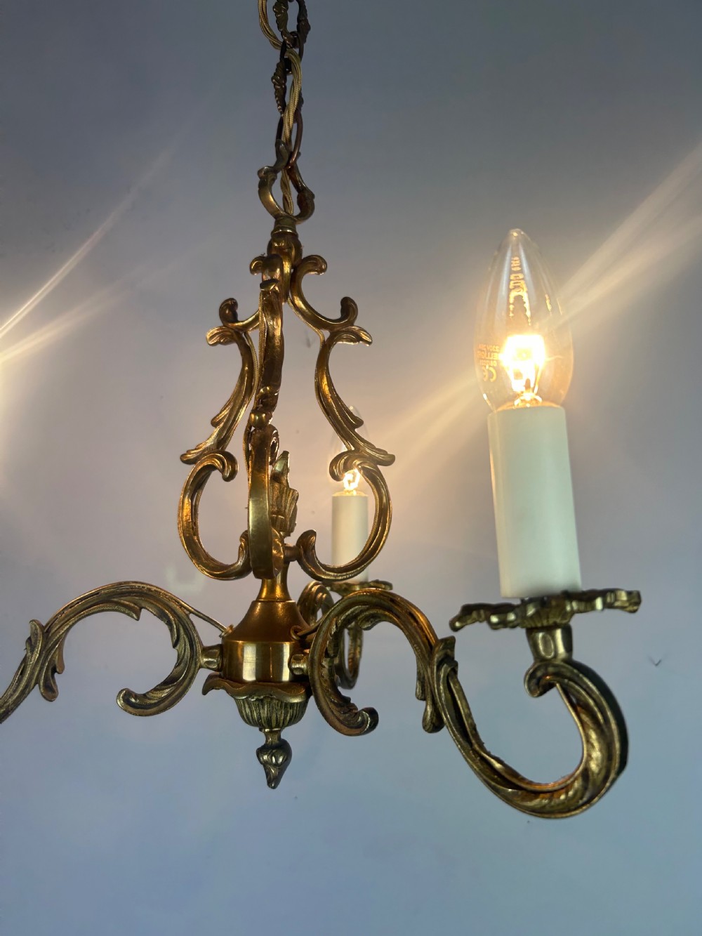 French Triple Arm Gilt Brass Chandelier, Ceiling Light, Rewired  View VI