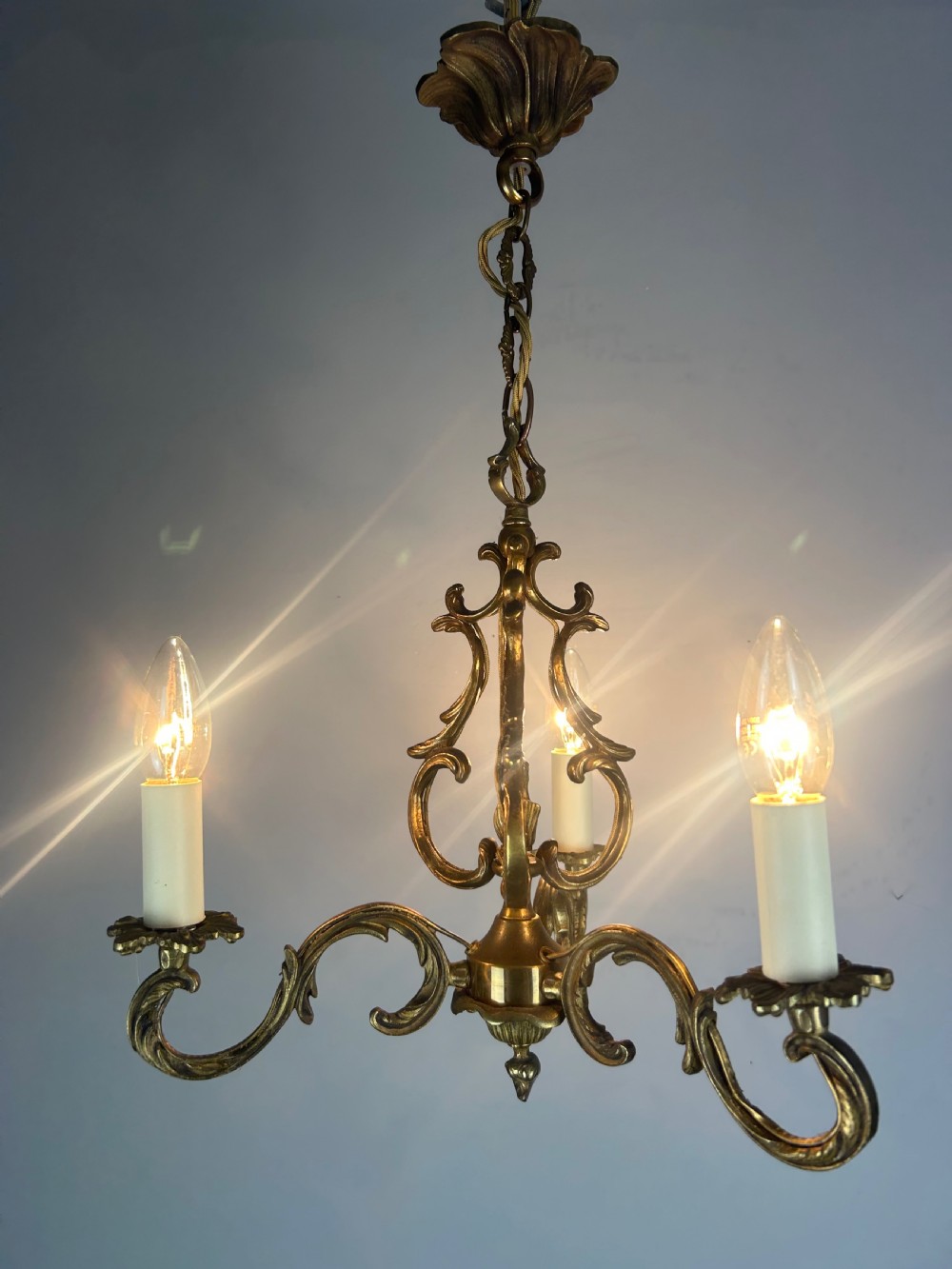 French Triple Arm Gilt Brass Chandelier, Ceiling Light, Rewired  View VII