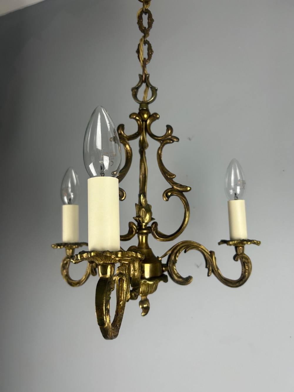 French Triple Arm Gilt Brass Chandelier, Ceiling Light, Rewired  View VIII