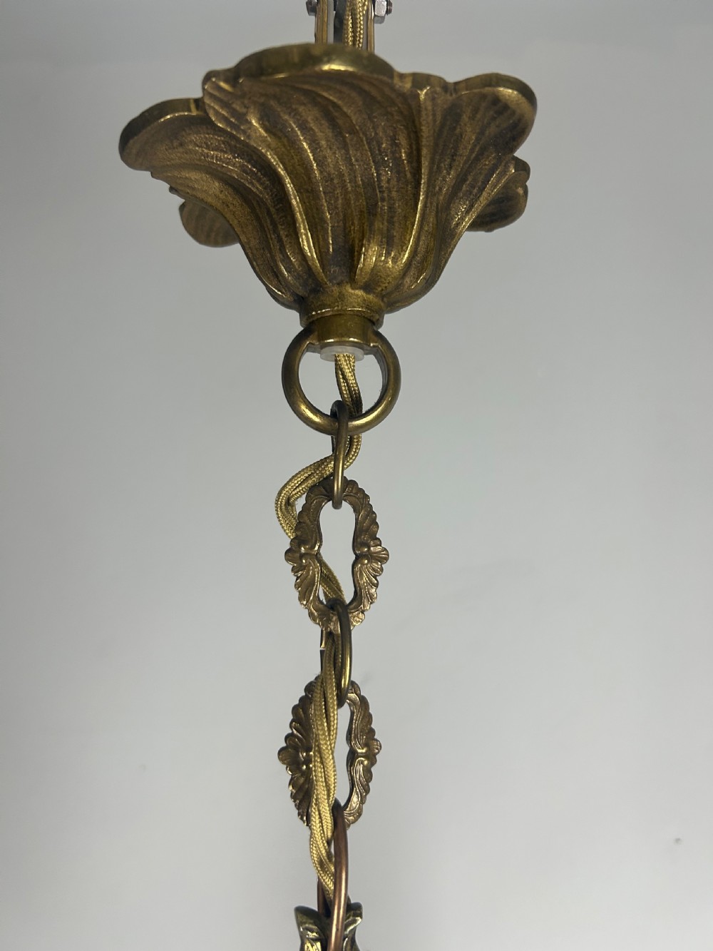 French Triple Arm Gilt Brass Chandelier, Ceiling Light, Rewired  View IX