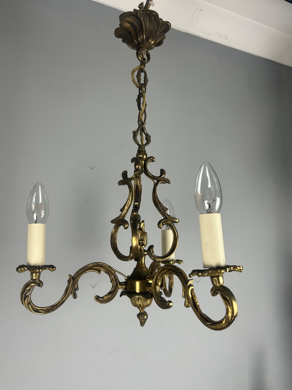 French Triple Arm Gilt Brass Chandelier, Ceiling Light, Rewired  View X