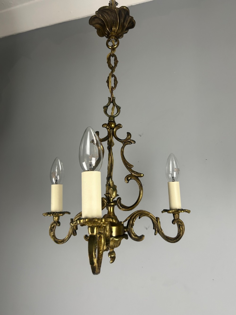 French Triple Arm Gilt Brass Chandelier, Ceiling Light, Rewired 