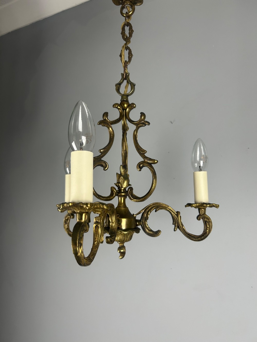 French Triple Arm Gilt Brass Chandelier, Ceiling Light, Rewired  View XII