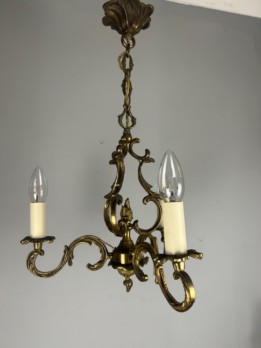 French Triple Arm Gilt Brass Chandelier, Ceiling Light, Rewired  View XIII
