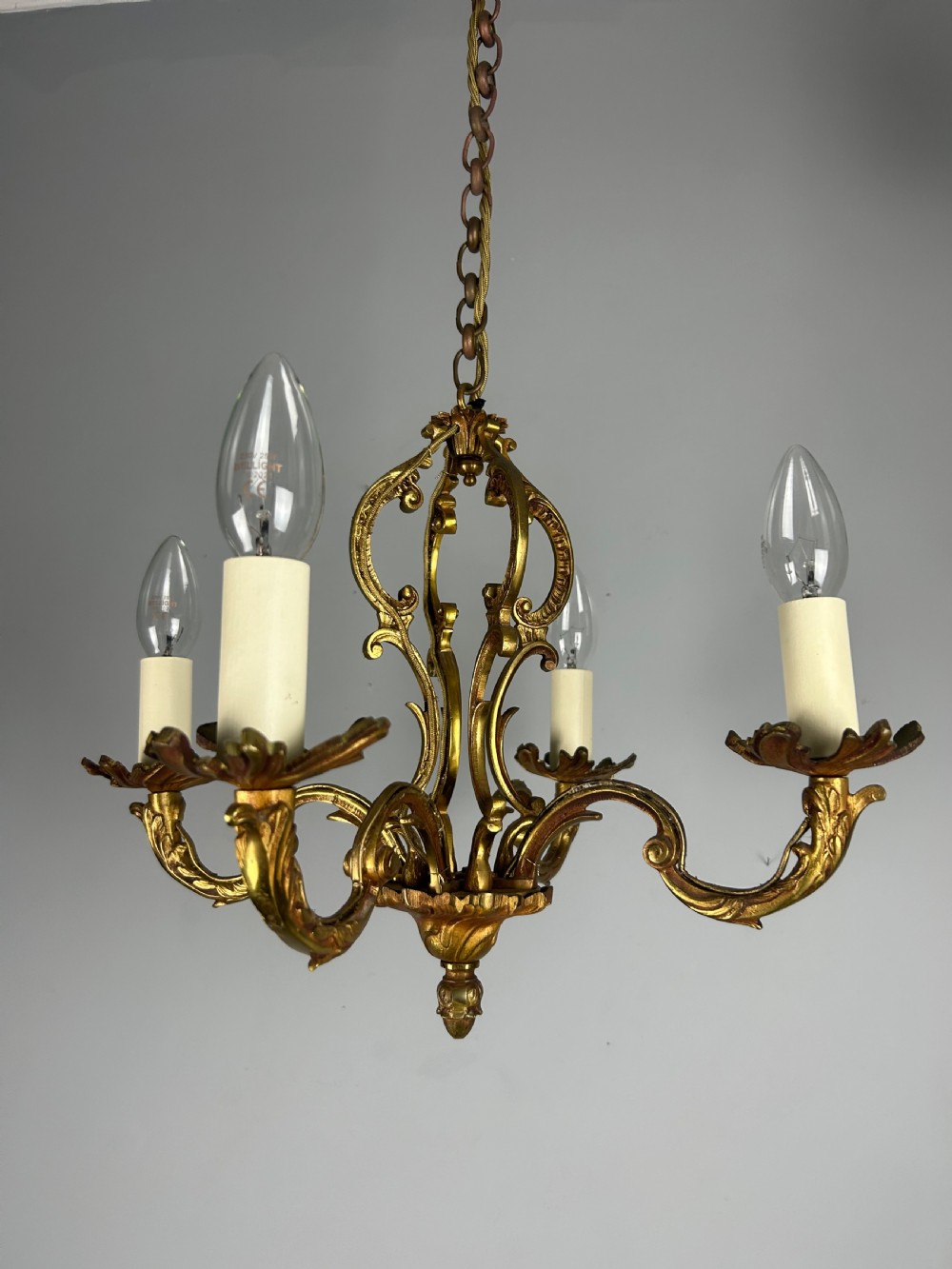 French 4 Arm Gilt Brass Chandelier, Rewired 