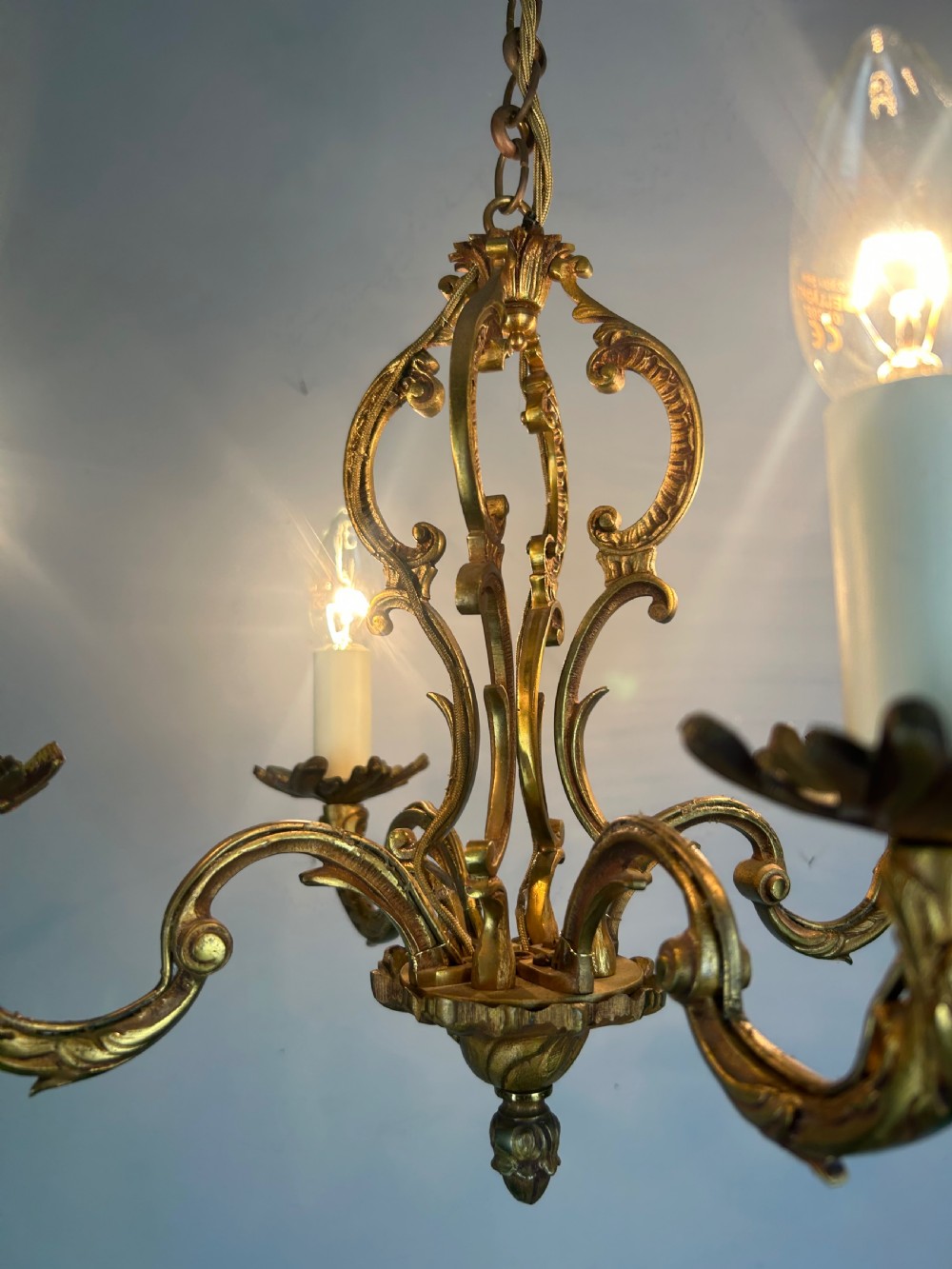 French 4 Arm Gilt Brass Chandelier, Rewired  View II