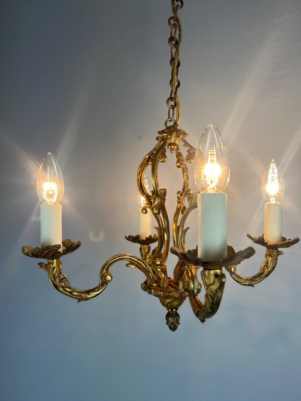 French 4 Arm Gilt Brass Chandelier, Rewired  View III