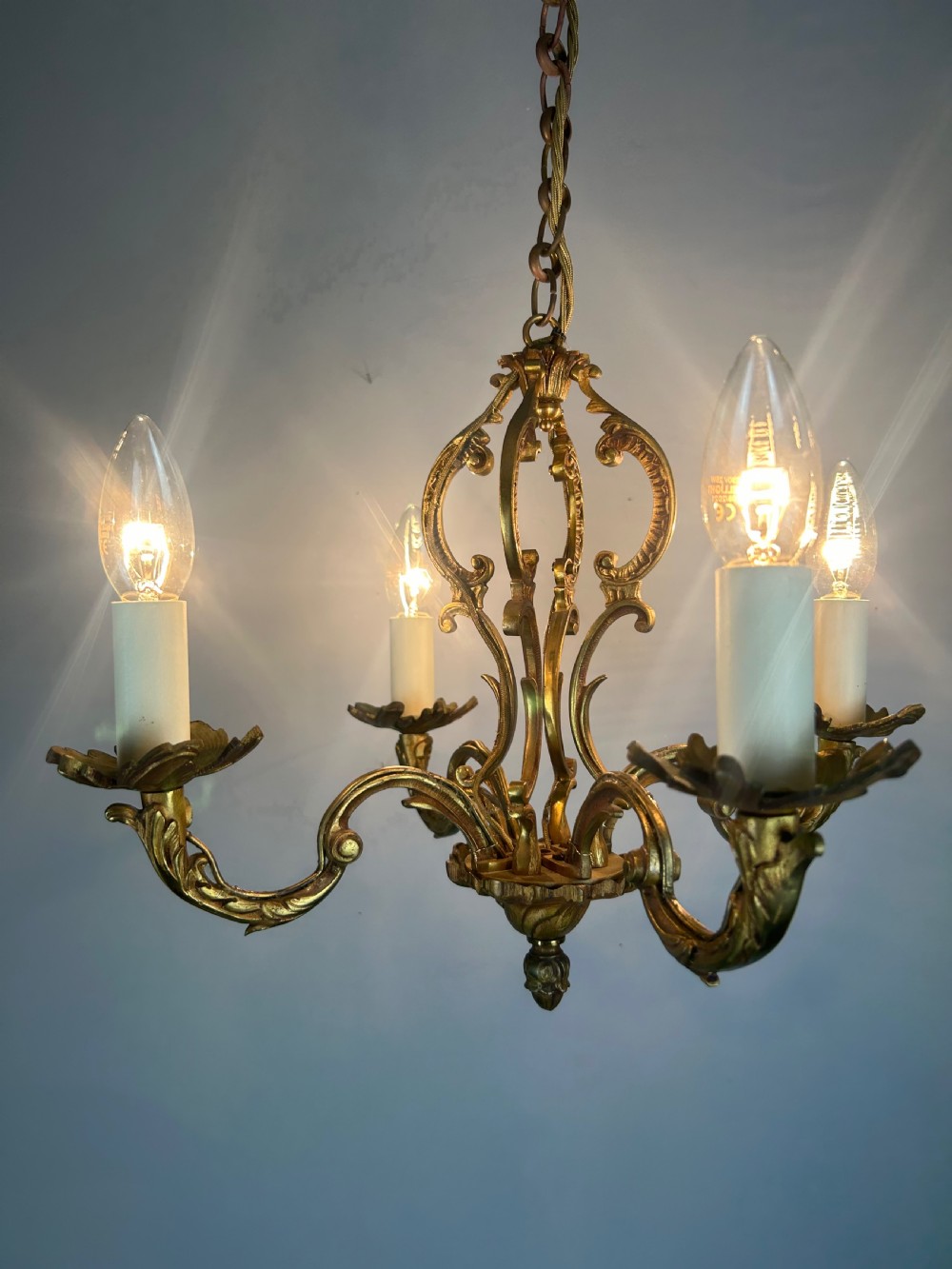 French 4 Arm Gilt Brass Chandelier, Rewired  View V
