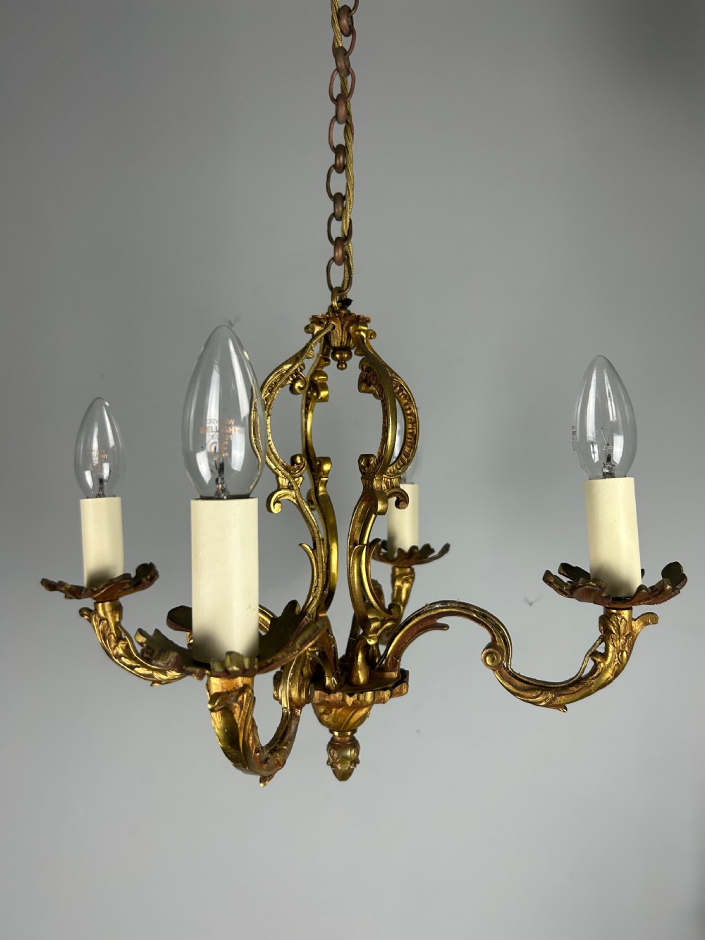 French 4 Arm Gilt Brass Chandelier, Rewired  View X