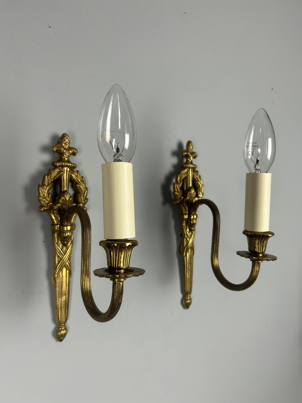 French Pair Of Single Arm Antique Brass Wall Lights